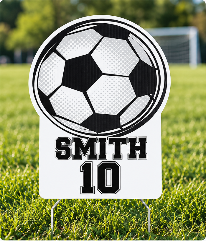 Example custom soccer ball yard sign personalized with SMITH and jersey number 10